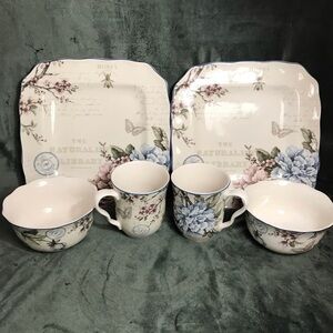 222 Fifth Verdi Aubais Set Of 2 Dinner  Plates & 2 Soup Bowls & 2 Mugs Floral